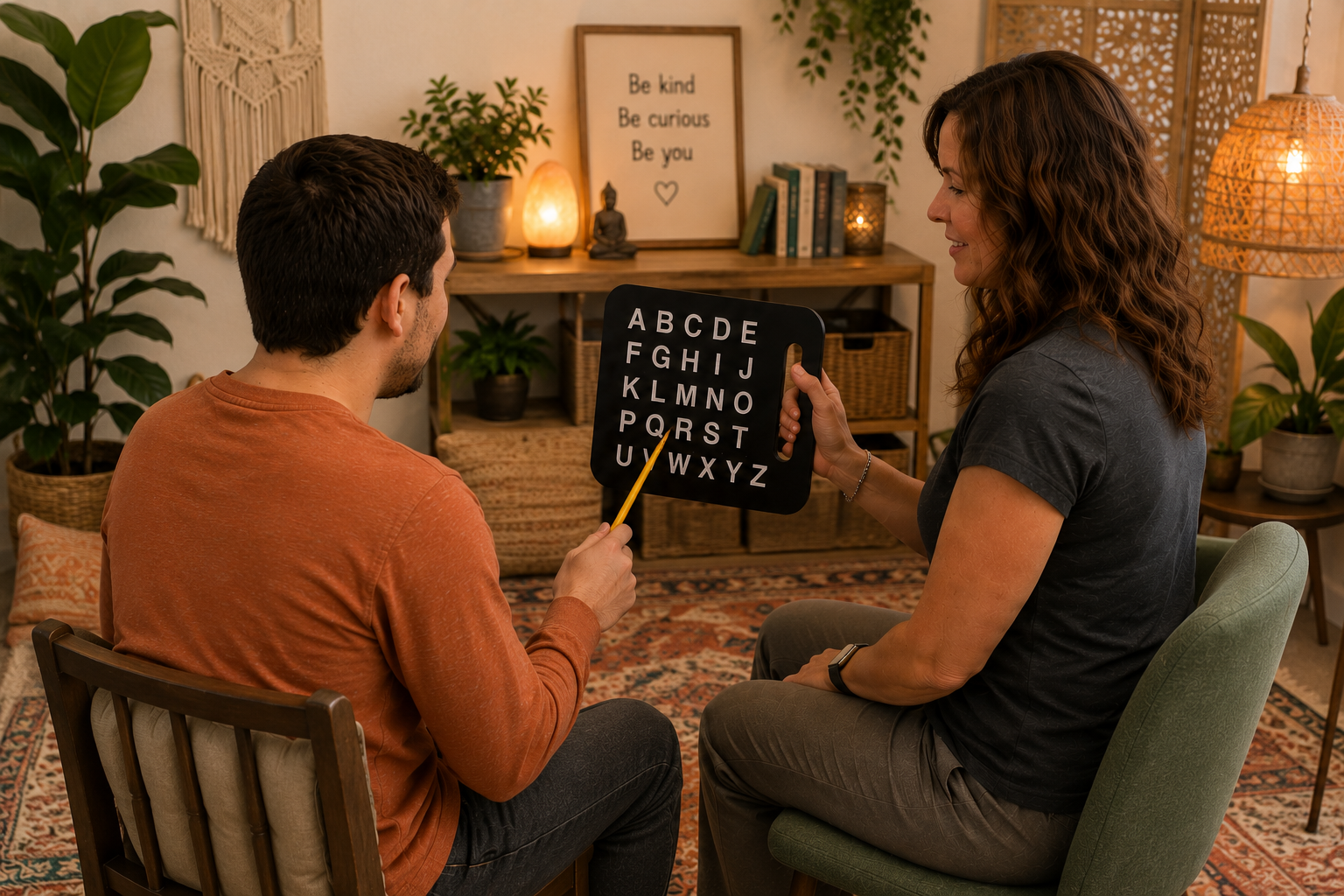 A Spelling to Communicate session in a warm, intentional space